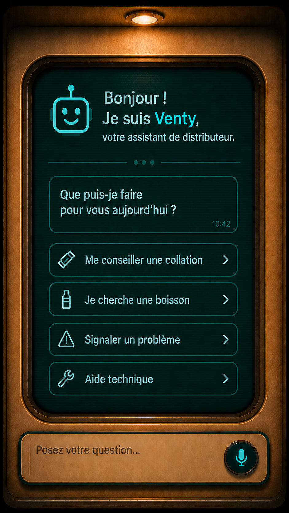 Interface Venty sur distributeur automatique : accueil avec actions rapides pour conseils, boissons et signalement d'incident.