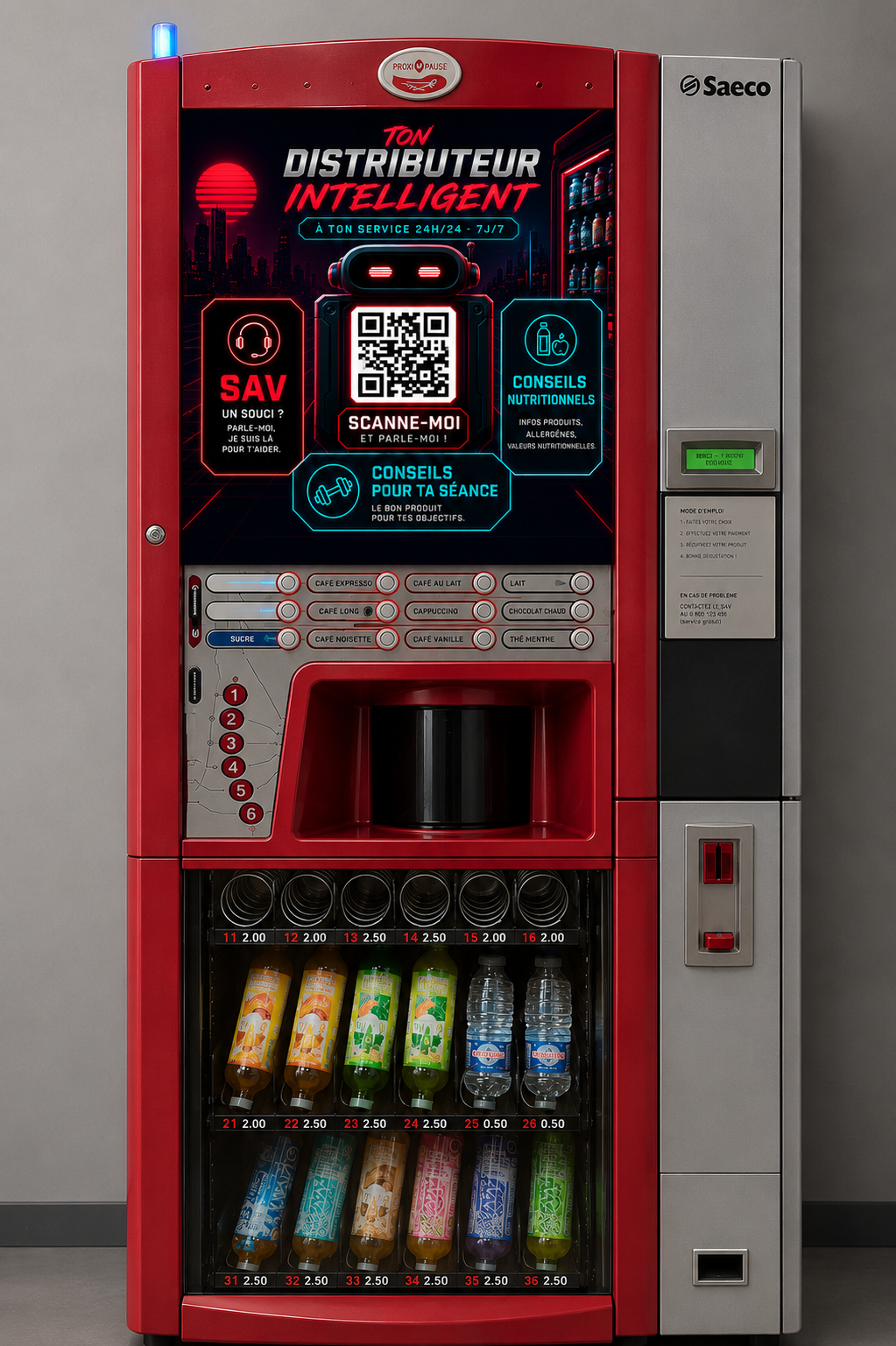 Distributeur automatique Saeco équipé d'un écran Venty avec QR Code, SAV, conseils nutritionnels et conseils pour la séance.